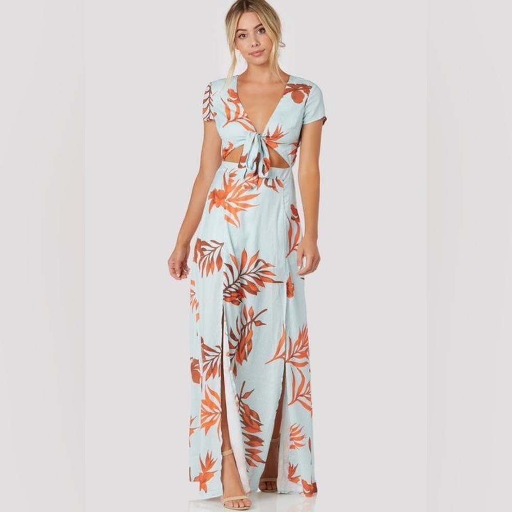 Latiste Mint Blue/Tropical Leaf Orange Island Hop Cut Out Maxi Dress. NWT Size S - Picture 3 of 13